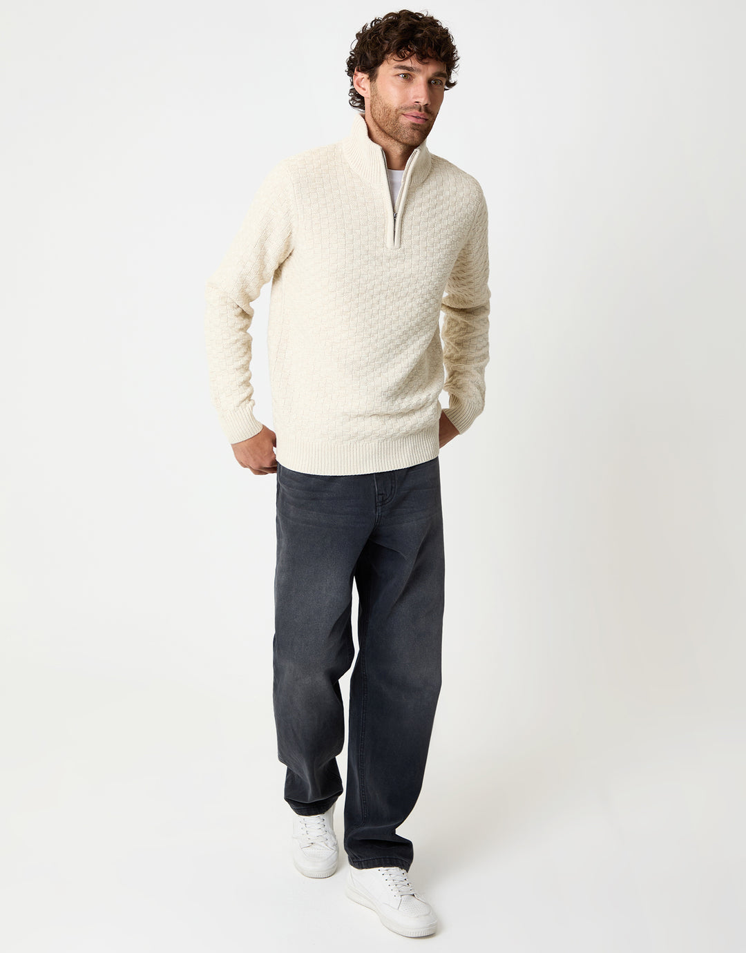 Ecru Basket Stitch Quarter Zip Jumper