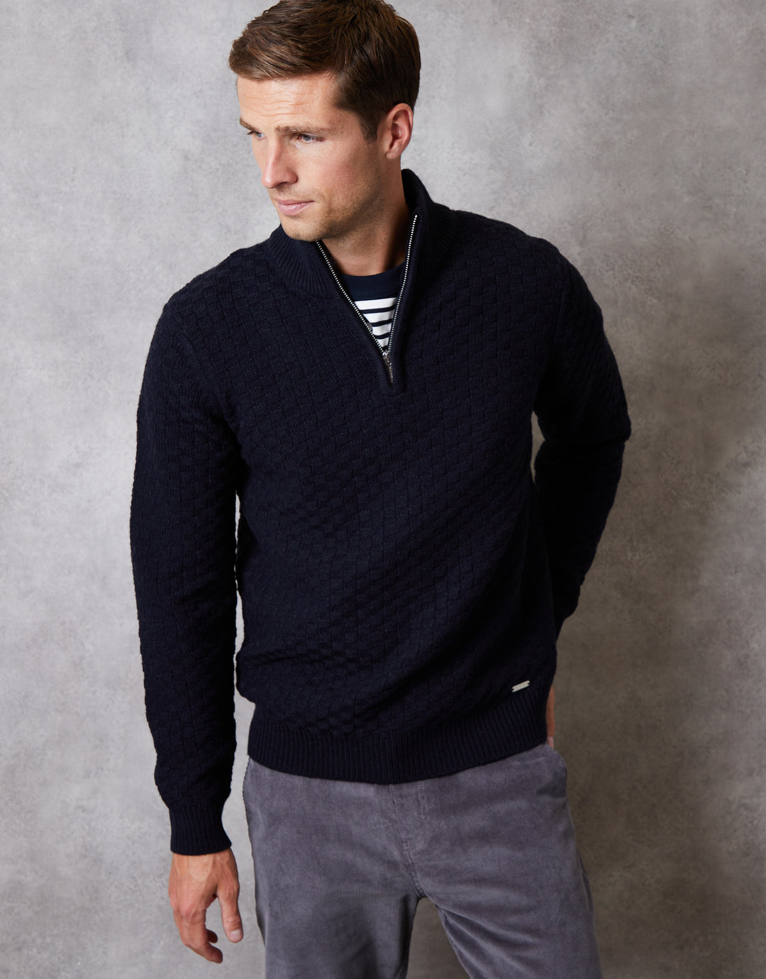 Navy Basket Stitch Quarter Zip Jumper