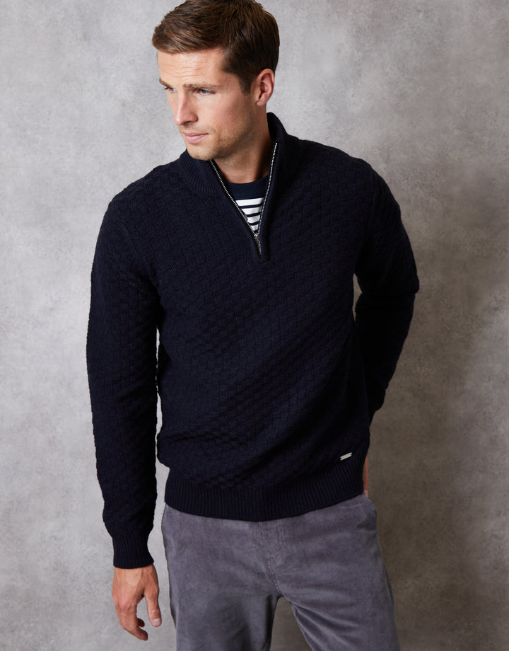 Navy Basket Stitch Quarter Zip Jumper