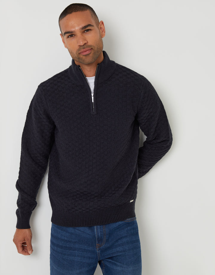Navy Basket Stitch Quarter Zip Jumper