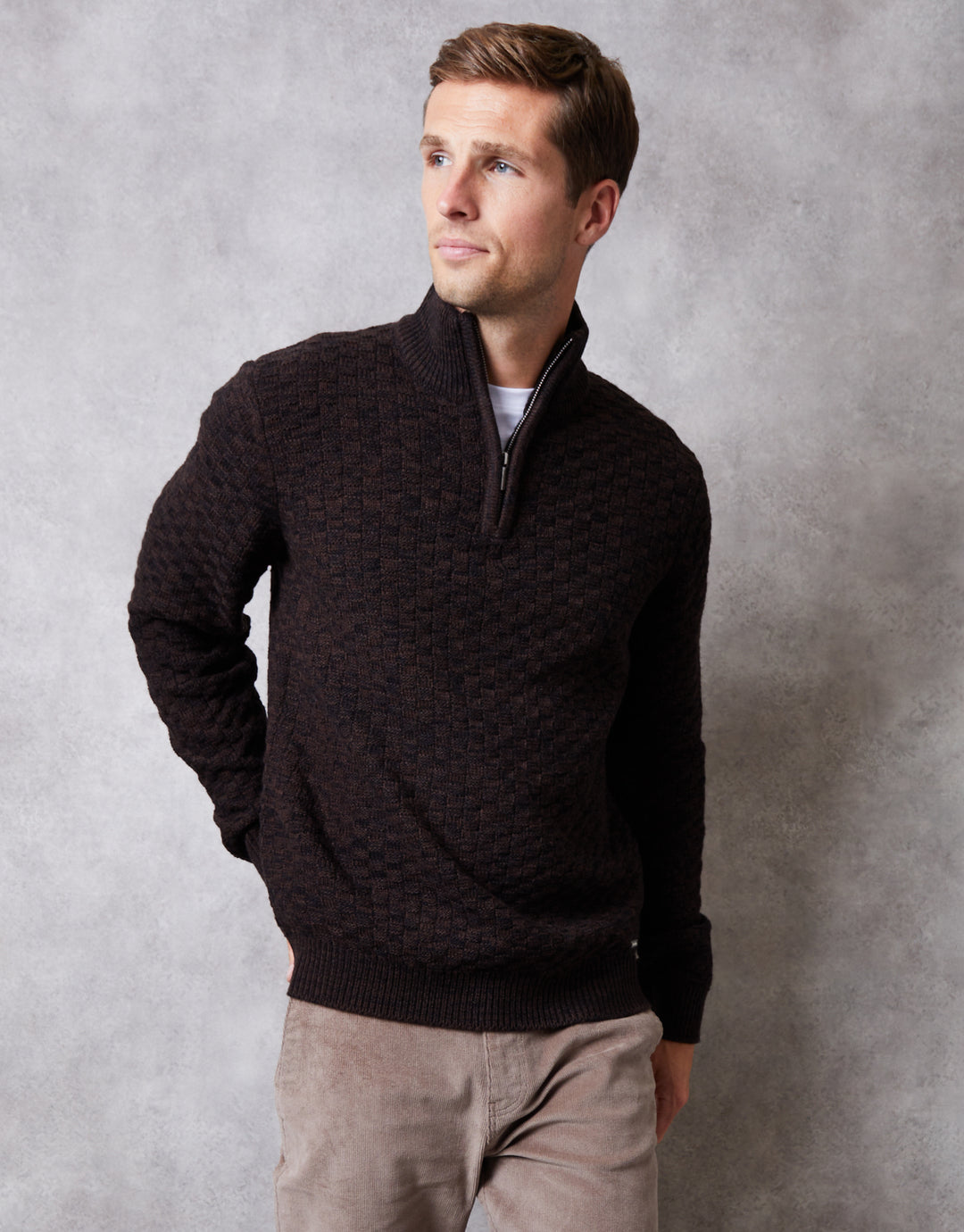 Brown Basket Stitch Quarter Zip Jumper