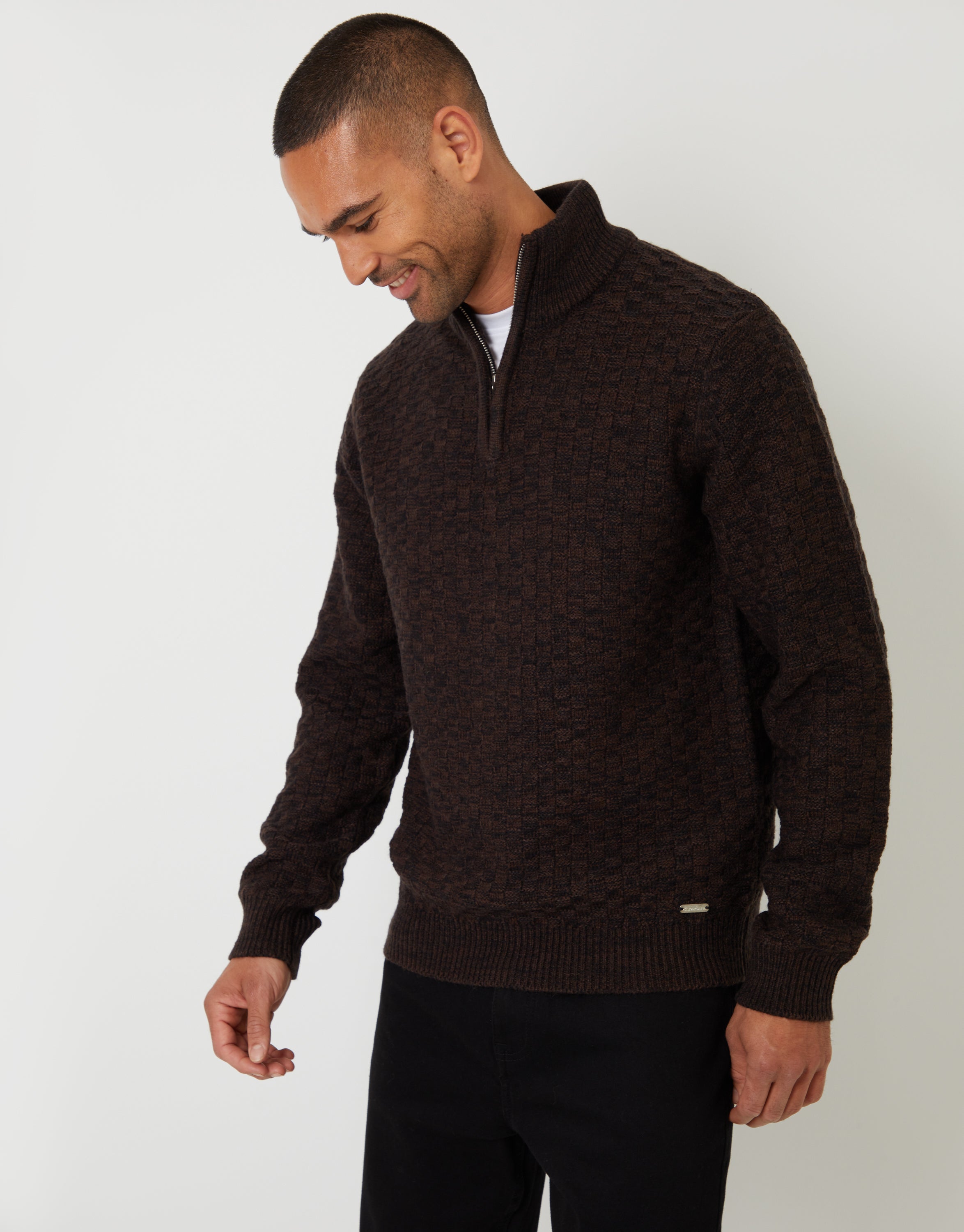 ouat 009 BLACK×BROWN  ZIP KNIT Threadbare Men's Basket Stitch Quarter Zip Jumper in Brown