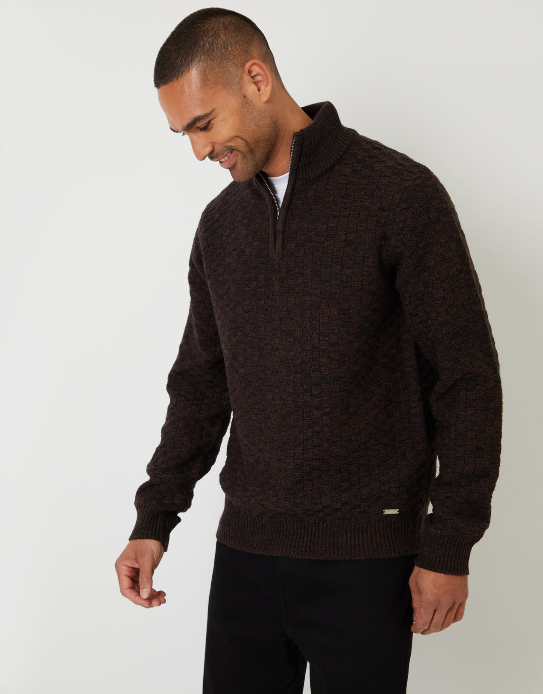 Brown Basket Stitch Quarter Zip Jumper
