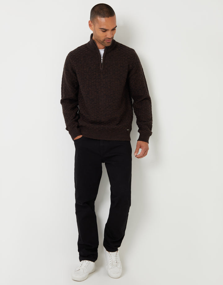 Brown Basket Stitch Quarter Zip Jumper