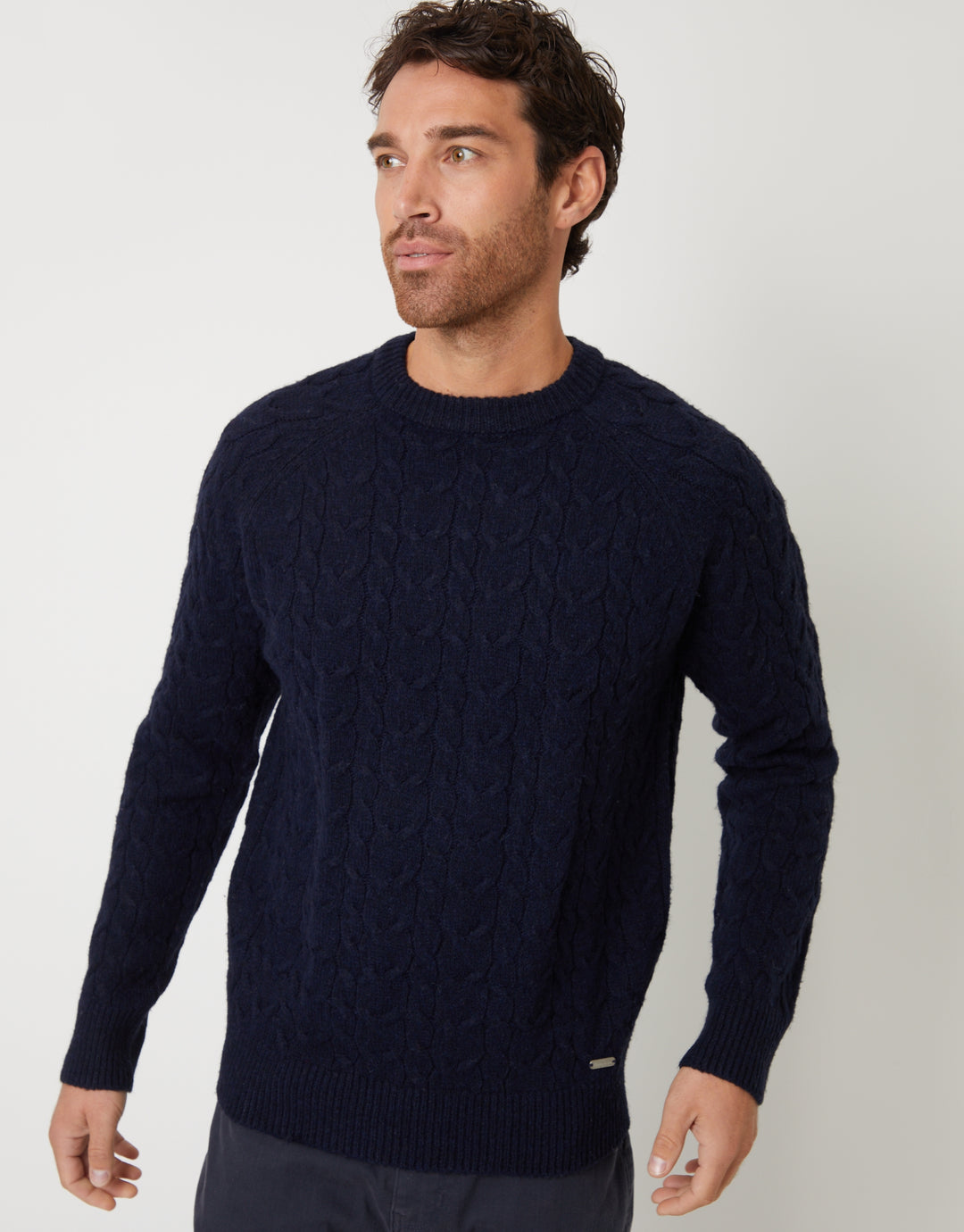 Navy Raglan Sleeve Cable Knit Crew Neck Jumper