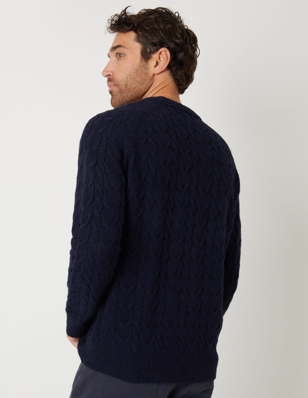 Navy Raglan Sleeve Cable Knit Crew Neck Jumper