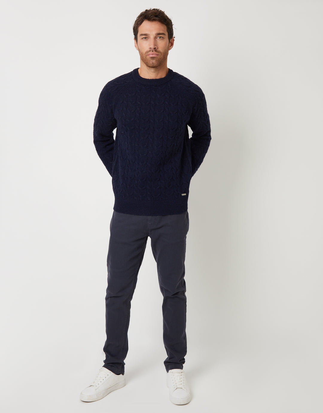 Navy Raglan Sleeve Cable Knit Crew Neck Jumper