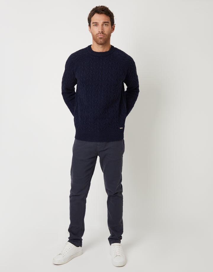 Navy Raglan Sleeve Cable Knit Crew Neck Jumper