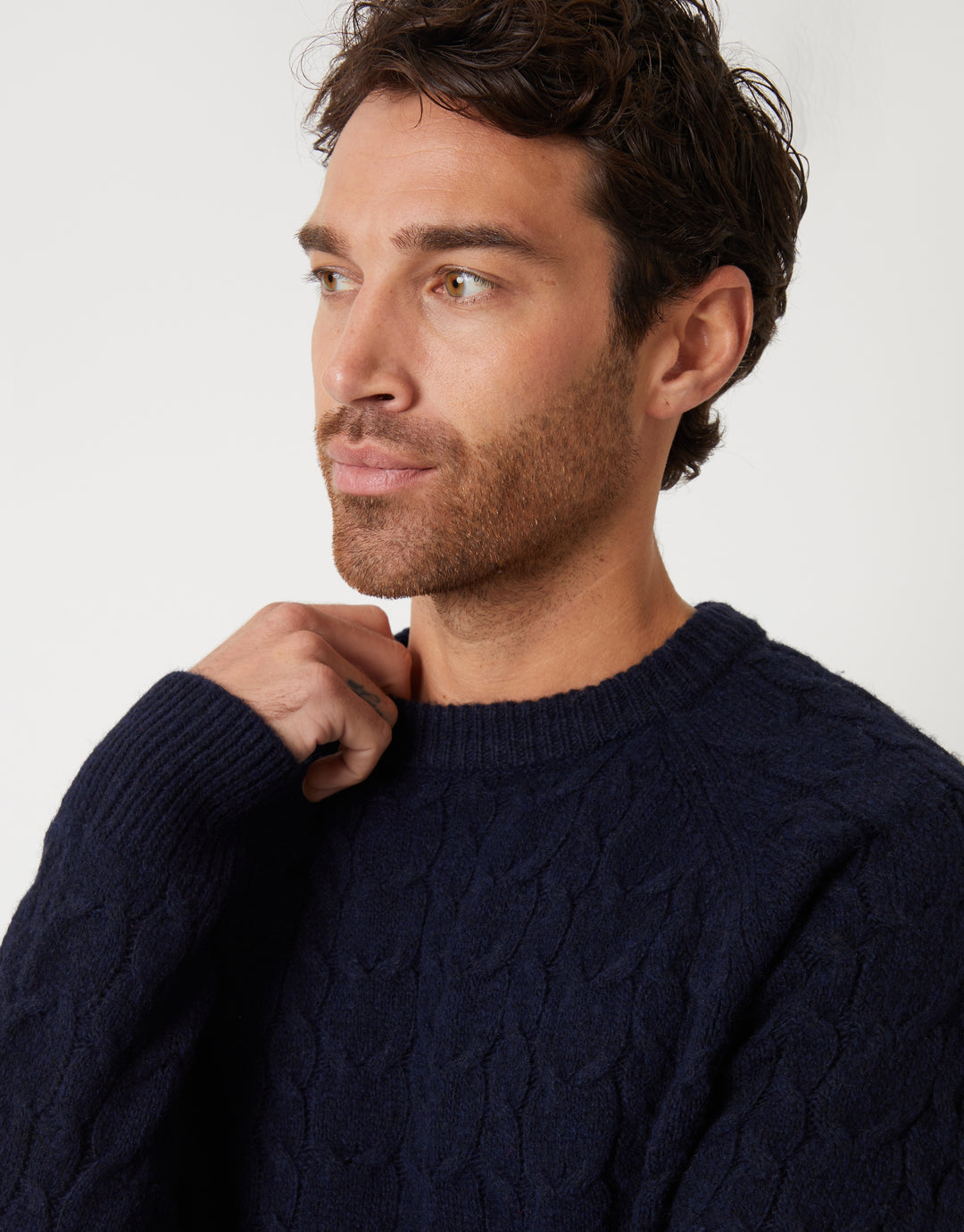 Navy Raglan Sleeve Cable Knit Crew Neck Jumper