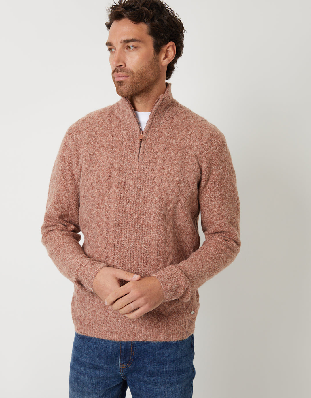 Brown Cable Knit Detail Quarter Zip Jumper