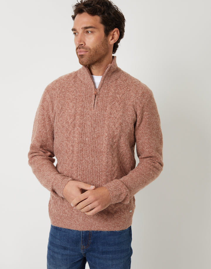 Brown Cable Knit Detail Quarter Zip Jumper