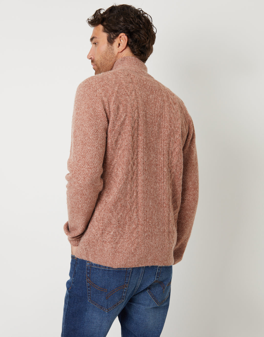 Brown Cable Knit Detail Quarter Zip Jumper