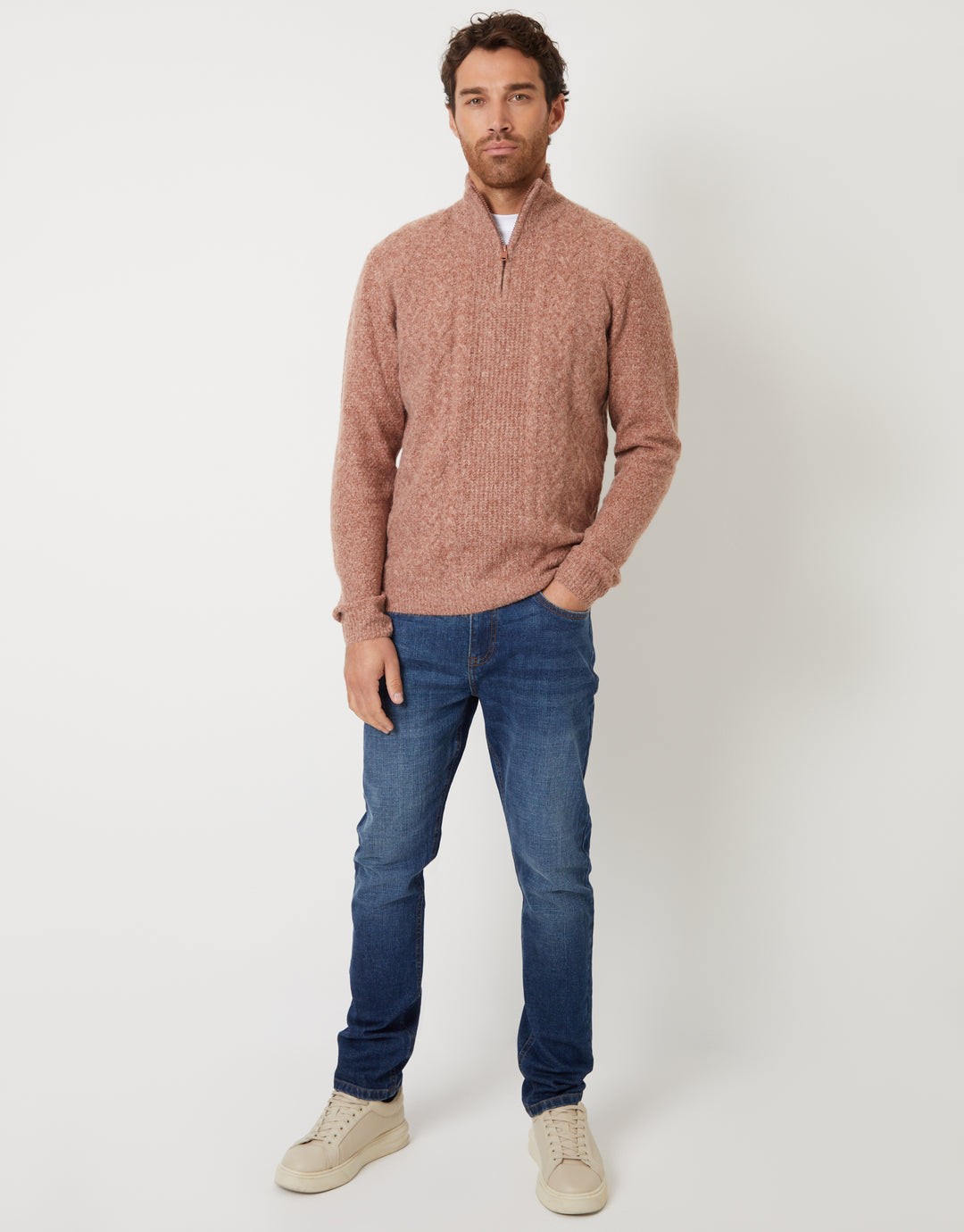 Brown Cable Knit Detail Quarter Zip Jumper