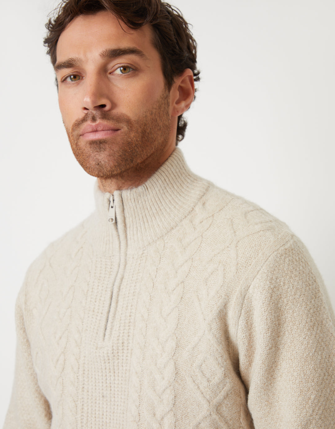 Ecru Cable Knit Detail Quarter Zip Jumper