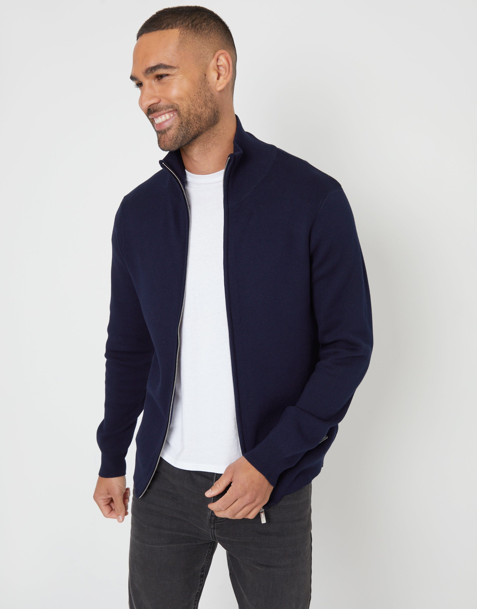 Threadbare Men's Navy Zip-Through Funnel Neck Knitted Cardigan