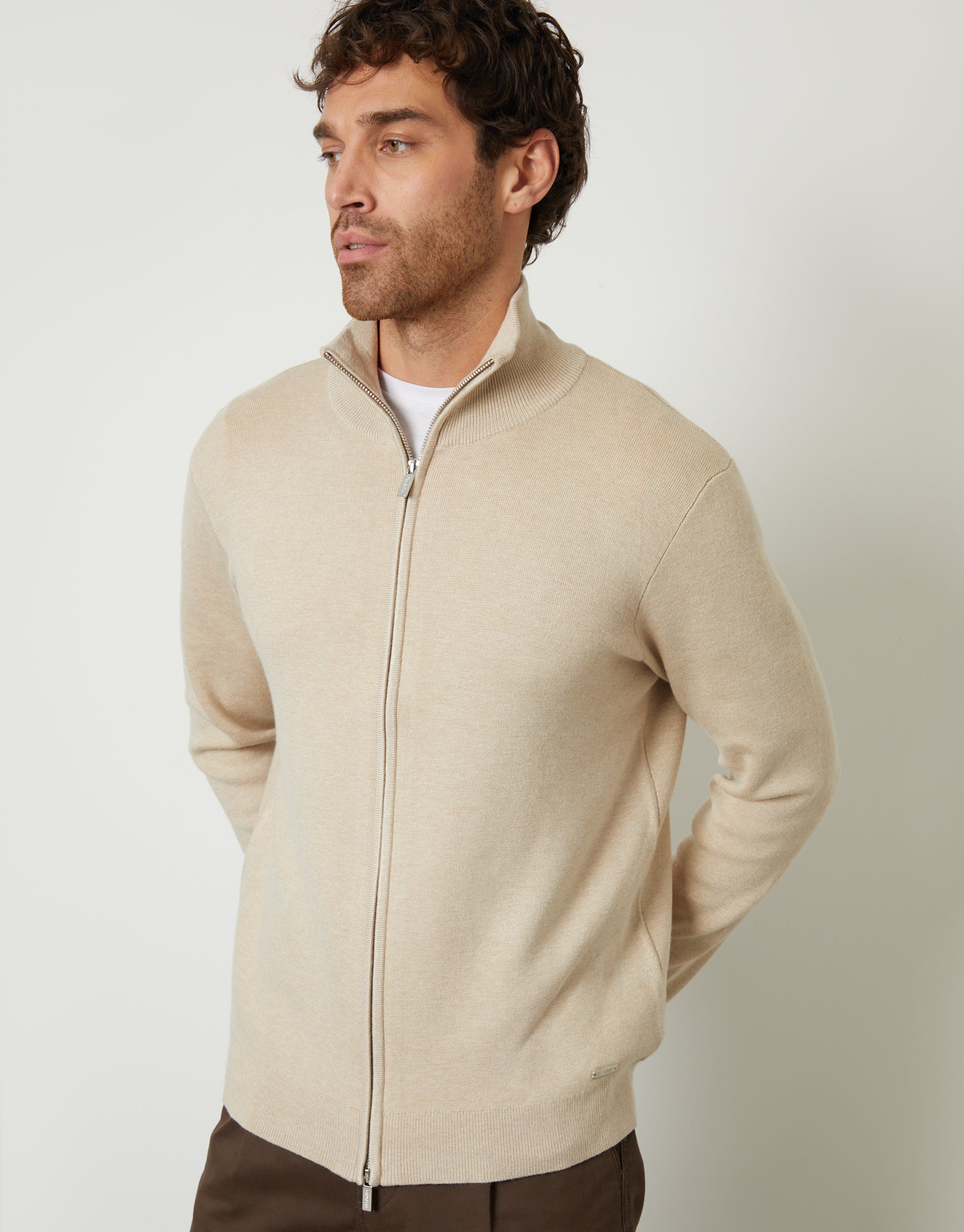 Threadbare Men's Ecru Zip-Through Funnel Neck Knitted Cardigan