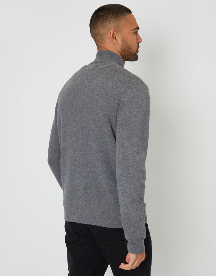 Charcoal Grey Marl Zip-Through Funnel Neck Knitted Cardigan