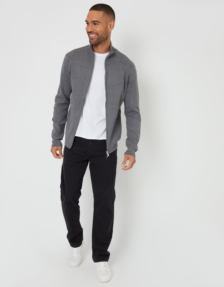 Charcoal Grey Marl Zip-Through Funnel Neck Knitted Cardigan