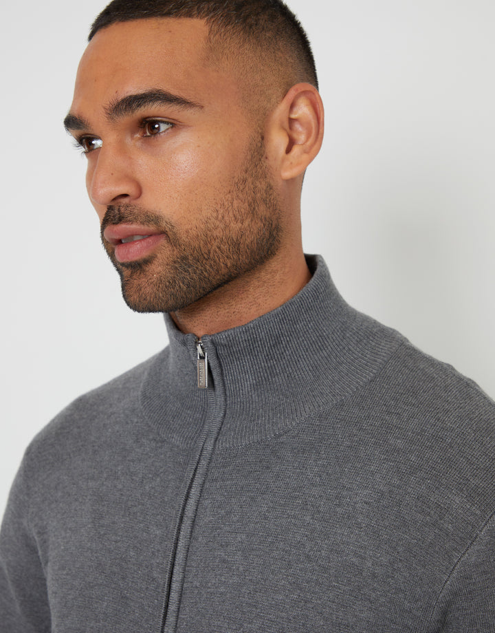 Charcoal Grey Marl Zip-Through Funnel Neck Knitted Cardigan