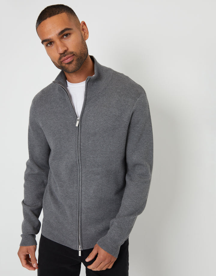 Charcoal Grey Marl Zip-Through Funnel Neck Knitted Cardigan