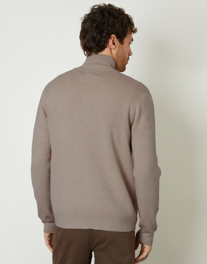 Taupe Zip-Through Funnel Neck Knitted Cardigan