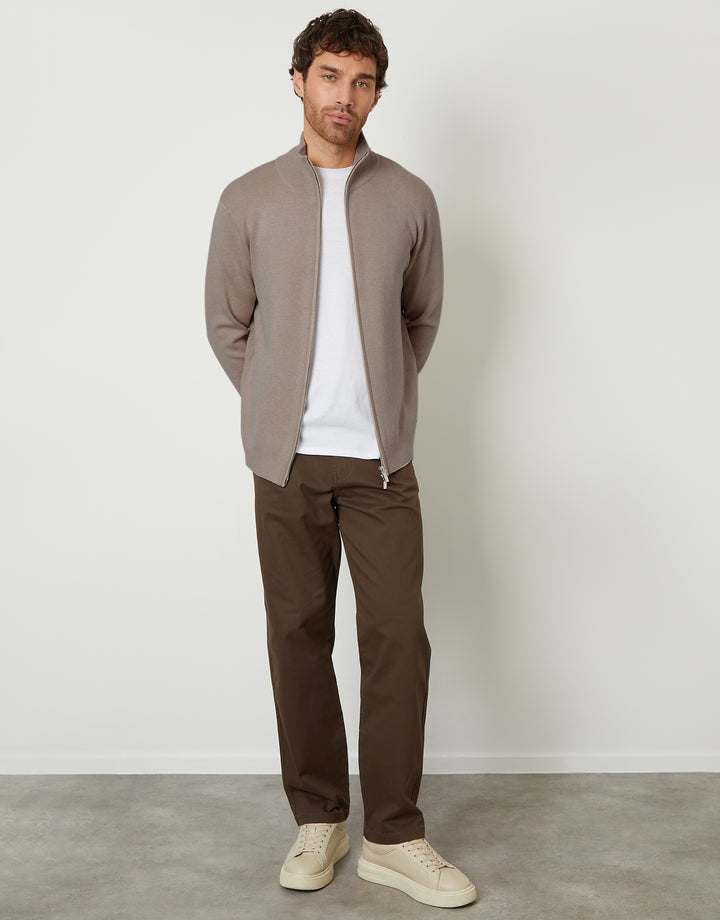 Taupe Zip-Through Funnel Neck Knitted Cardigan