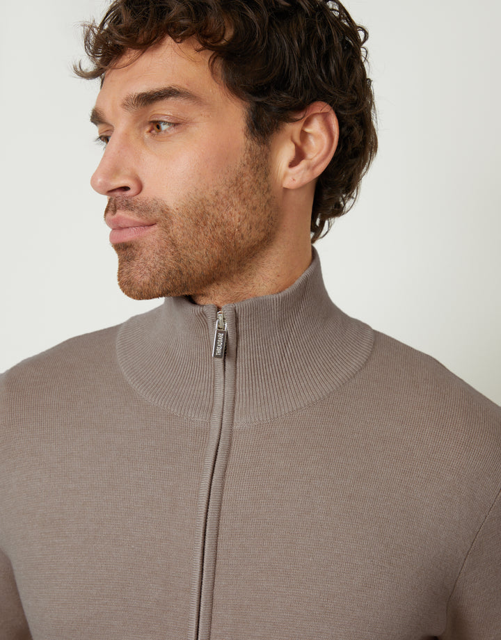 Taupe Zip-Through Funnel Neck Knitted Cardigan