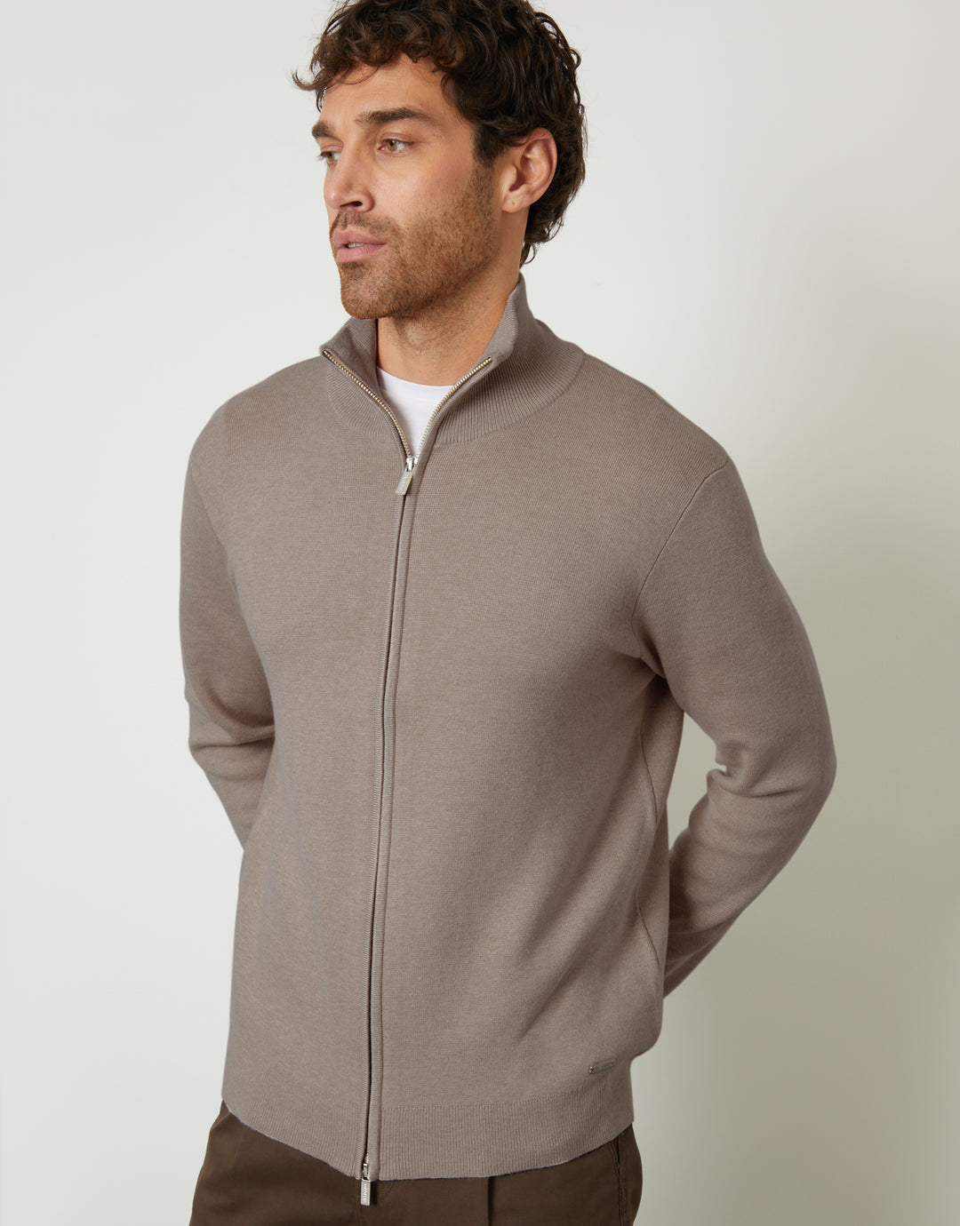 Taupe Zip-Through Funnel Neck Knitted Cardigan