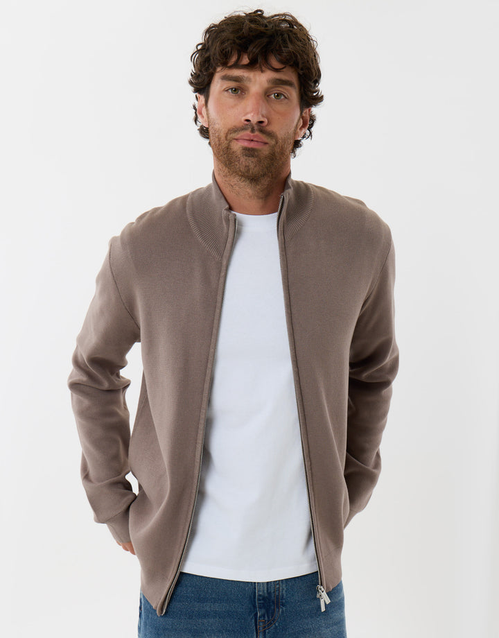 Threadbare Zip-Through Funnel Neck Knitted Cardigan in Taupe - front view