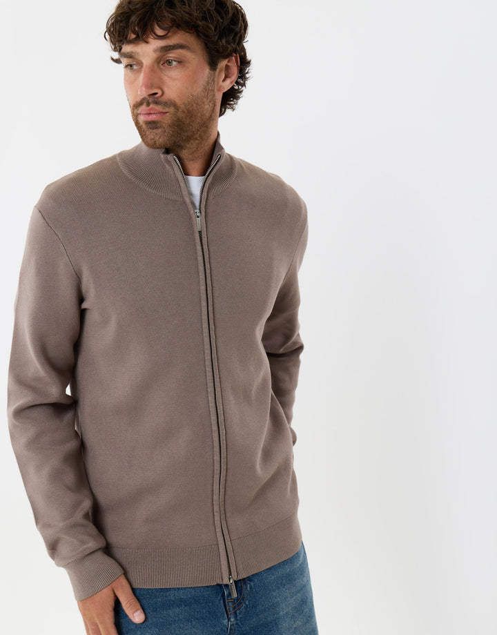 Threadbare Zip-Through Funnel Neck Knitted Cardigan in Taupe - front view zipped