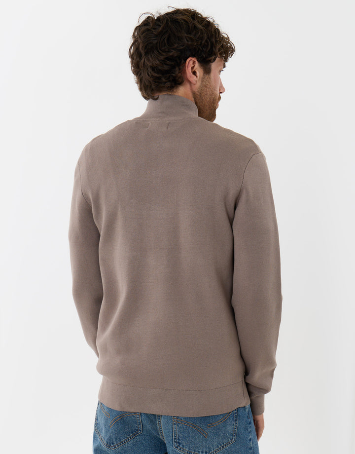 Threadbare Zip-Through Funnel Neck Knitted Cardigan in Taupe - back view