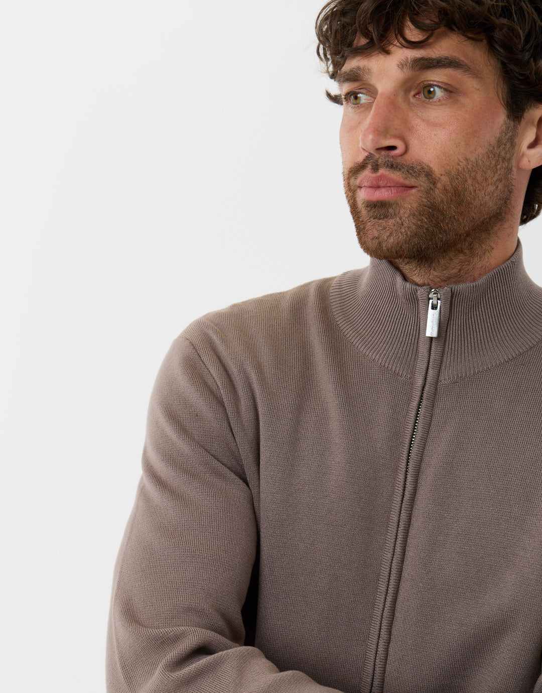 Threadbare Zip-Through Funnel Neck Knitted Cardigan in Taupe - detail