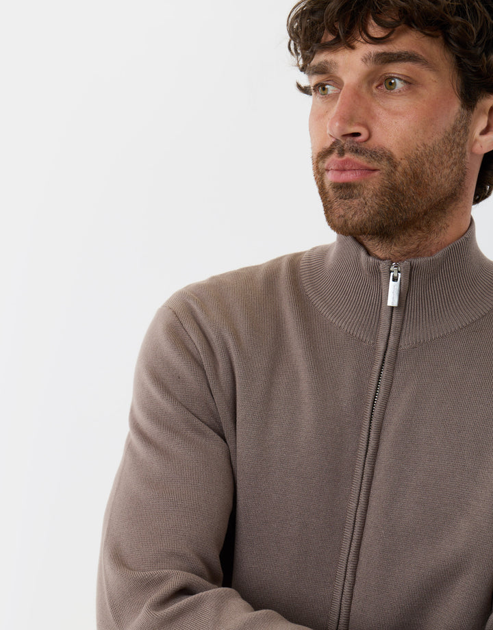 Threadbare Zip-Through Funnel Neck Knitted Cardigan in Taupe - detail