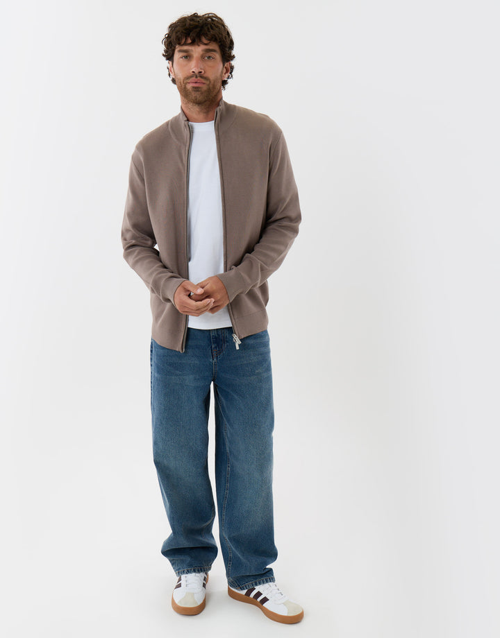 Threadbare Zip-Through Funnel Neck Knitted Cardigan in Taupe - full body