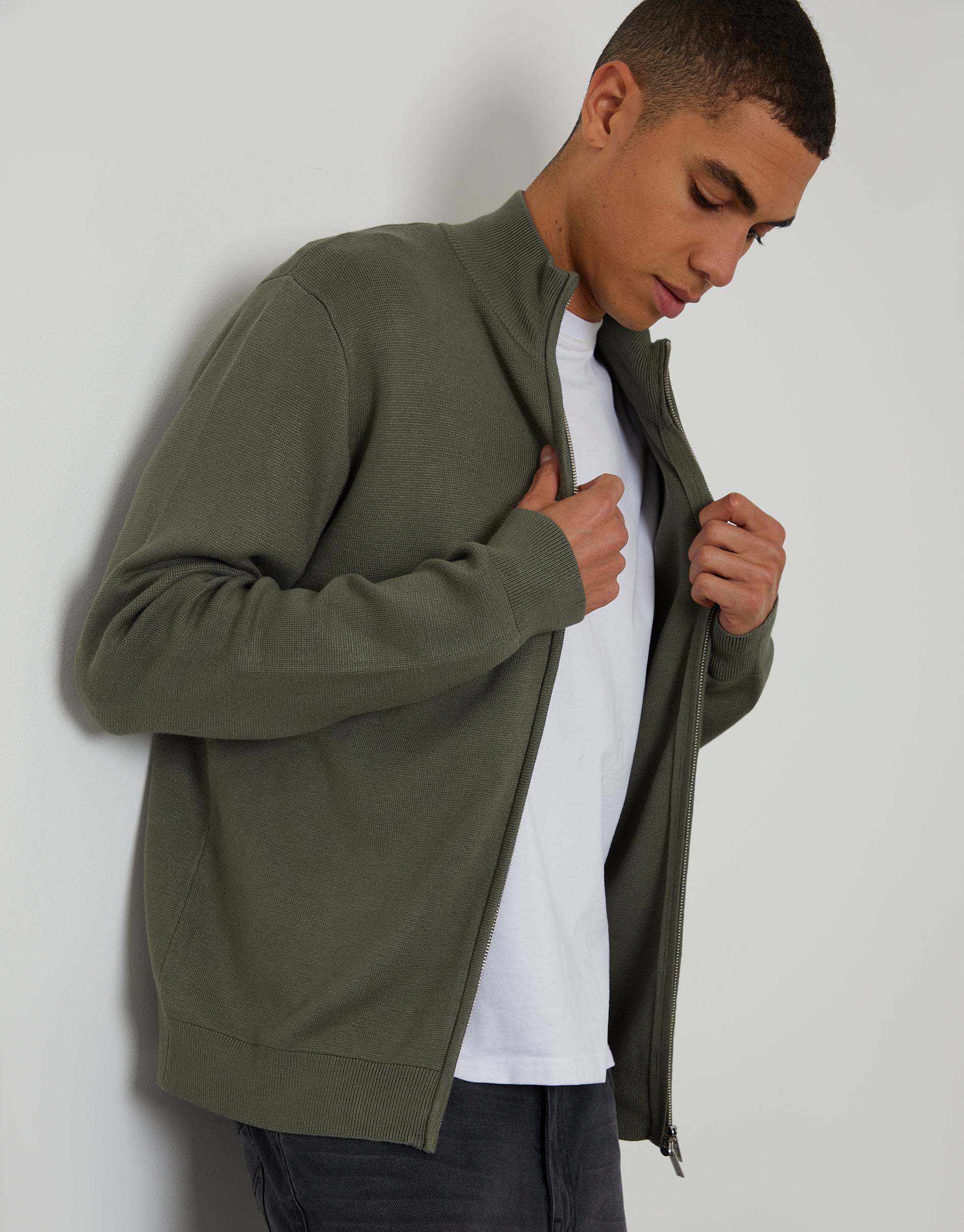 Zip-Through Funnel Neck Knitted Cardigan in Dark Sage Green