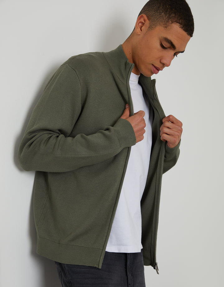 Dark Sage Green Green Zip-Through Funnel Neck Knitted Cardigan