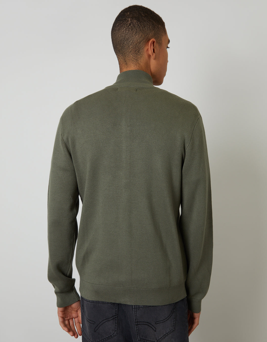 Dark Sage Green Green Zip-Through Funnel Neck Knitted Cardigan