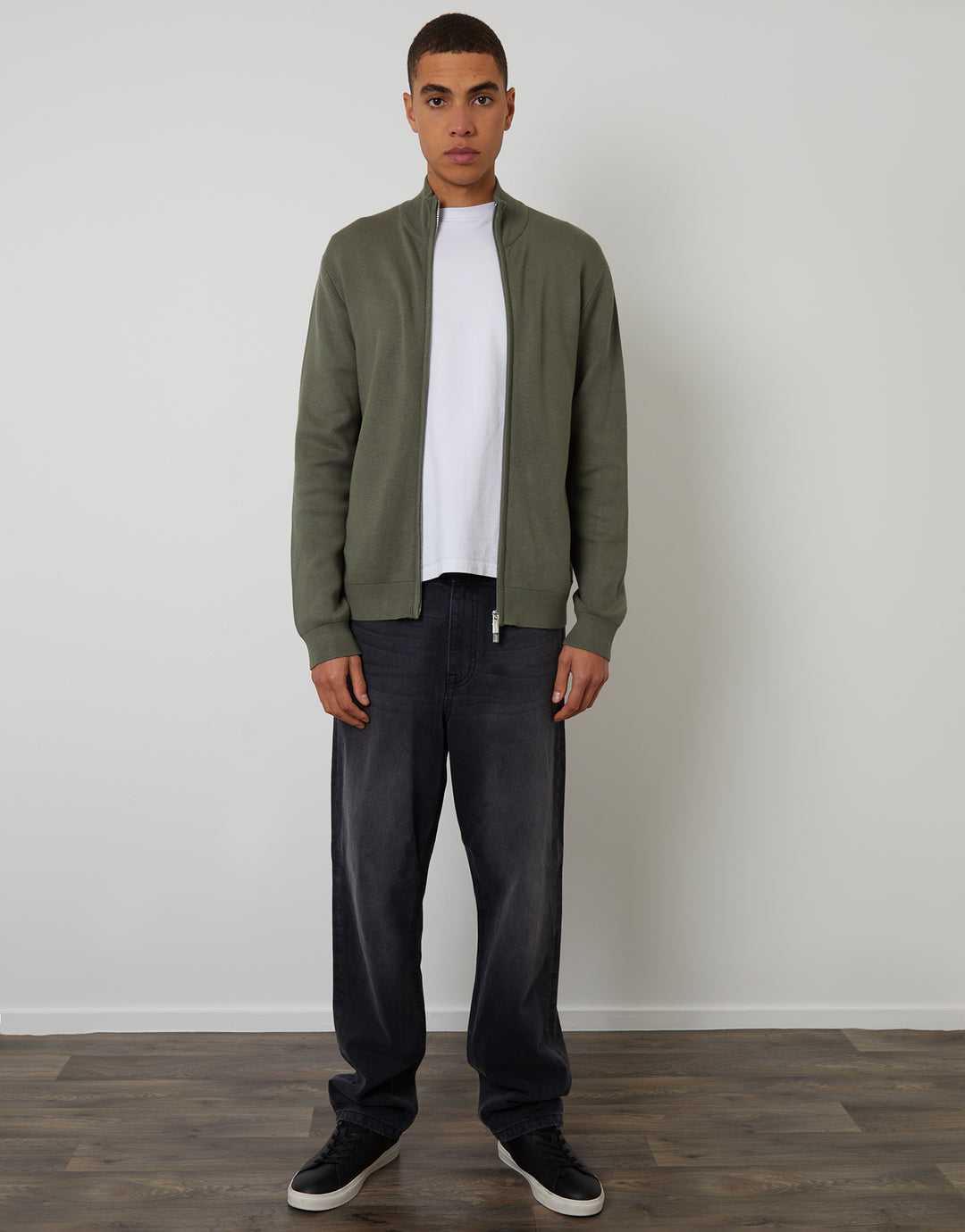 Dark Sage Green Green Zip-Through Funnel Neck Knitted Cardigan