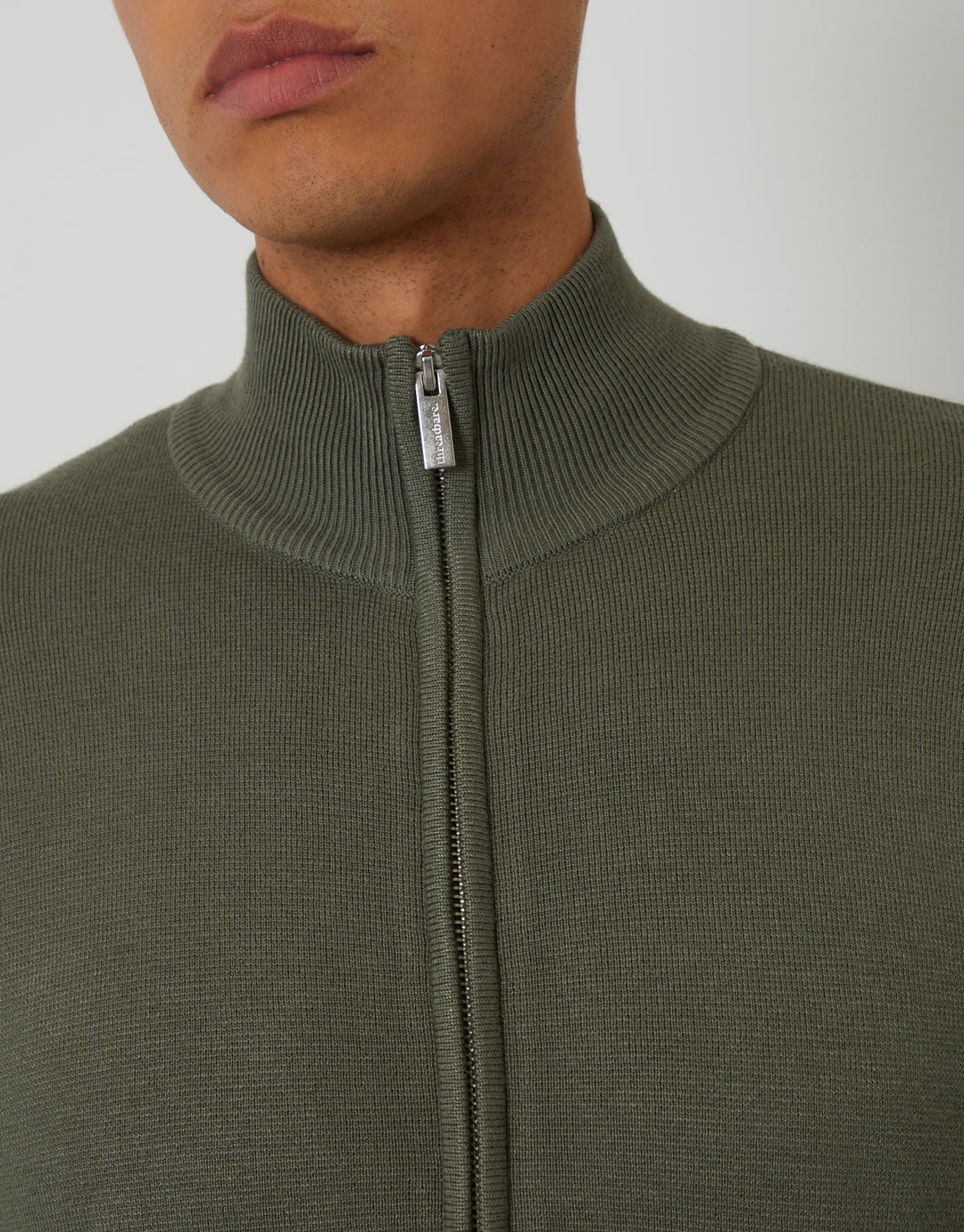 Dark Sage Green Green Zip-Through Funnel Neck Knitted Cardigan