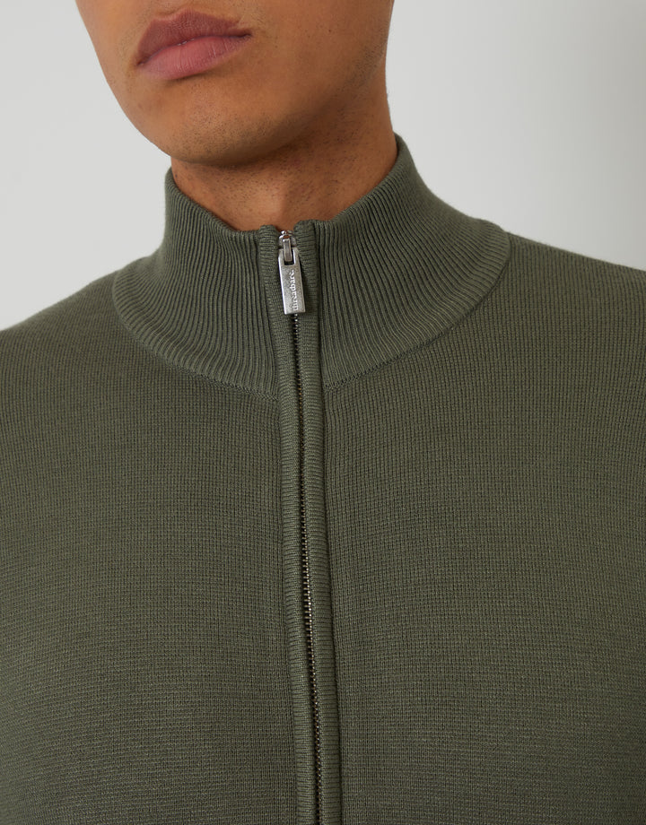 Dark Sage Green Green Zip-Through Funnel Neck Knitted Cardigan