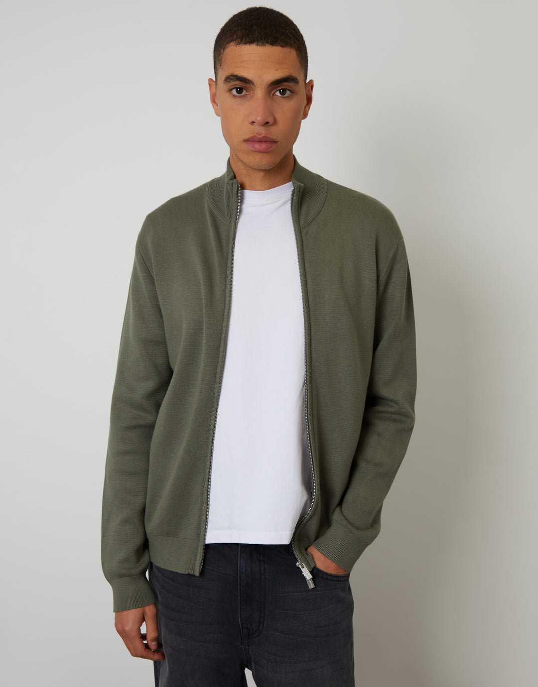 Dark Sage Green Green Zip-Through Funnel Neck Knitted Cardigan