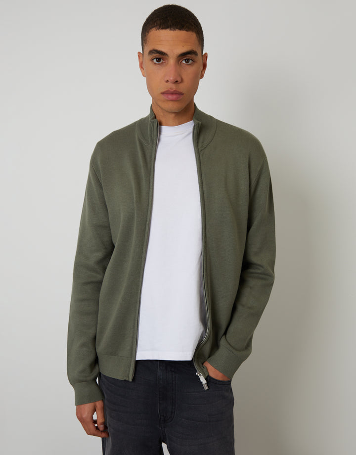 Dark Sage Green Green Zip-Through Funnel Neck Knitted Cardigan