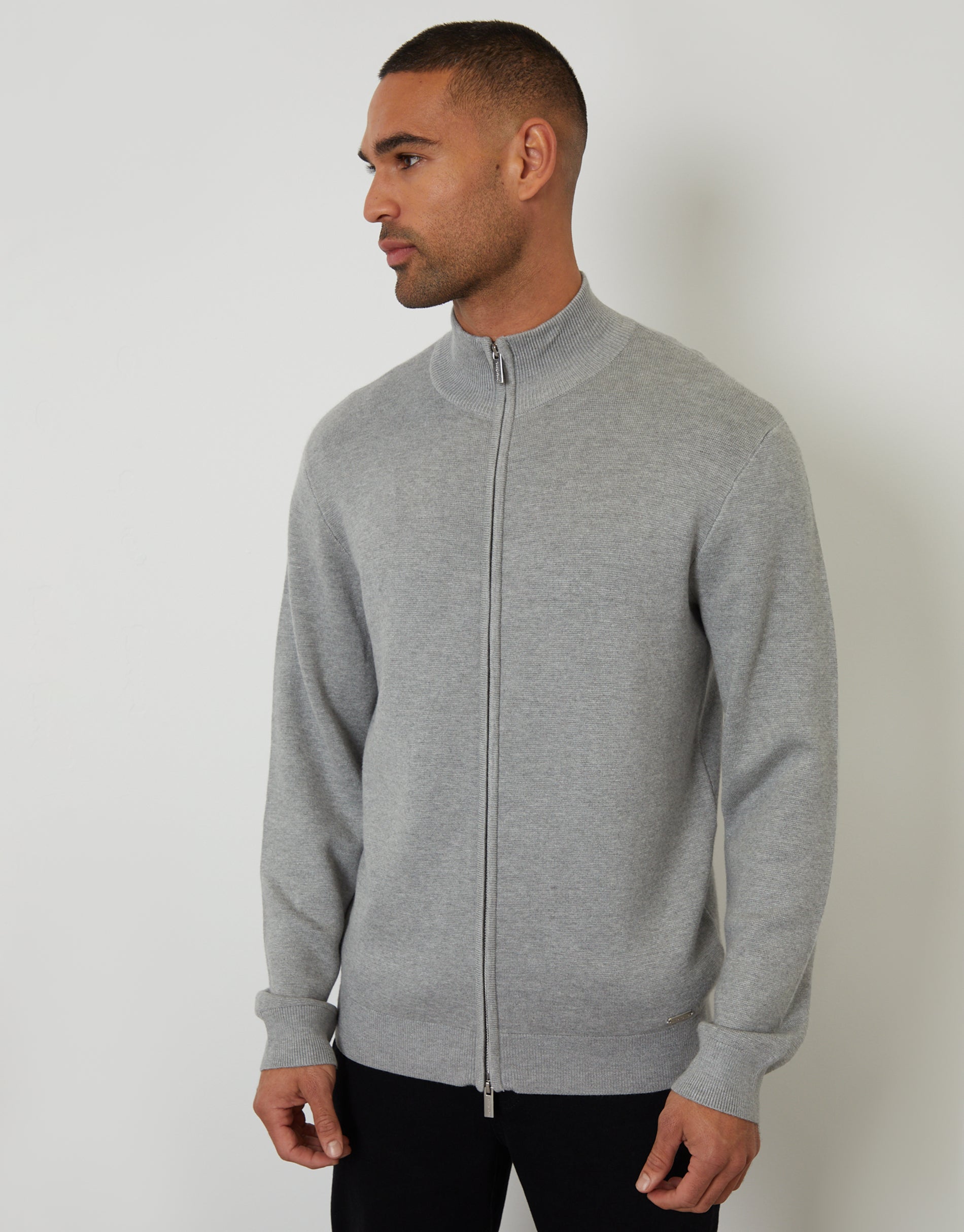 Zip-Through Funnel Neck Knitted Cardigan in Light Grey
