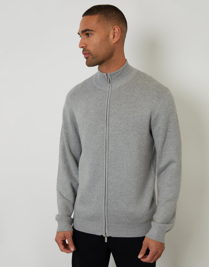 Light Grey Zip-Through Funnel Neck Knitted Cardigan