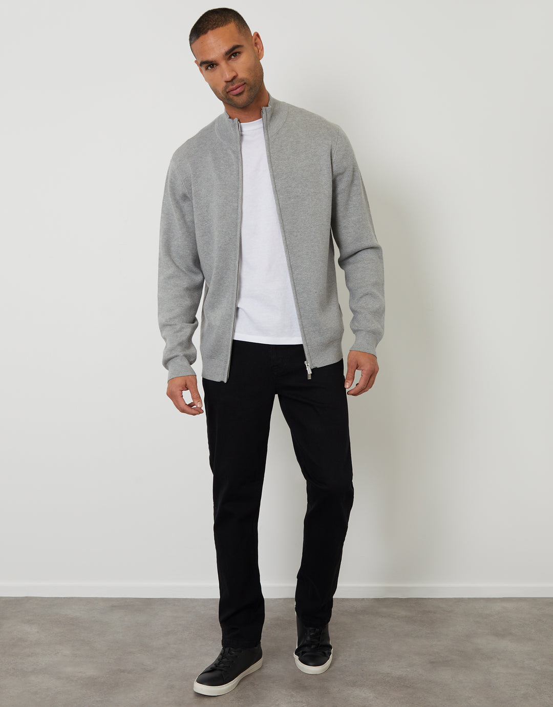 Light Grey Zip-Through Funnel Neck Knitted Cardigan
