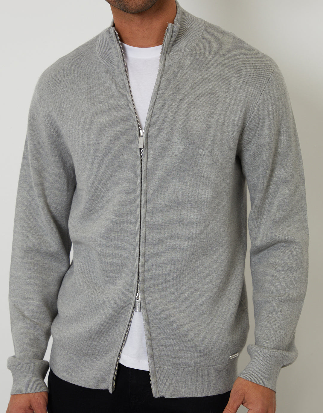 Light Grey Zip-Through Funnel Neck Knitted Cardigan