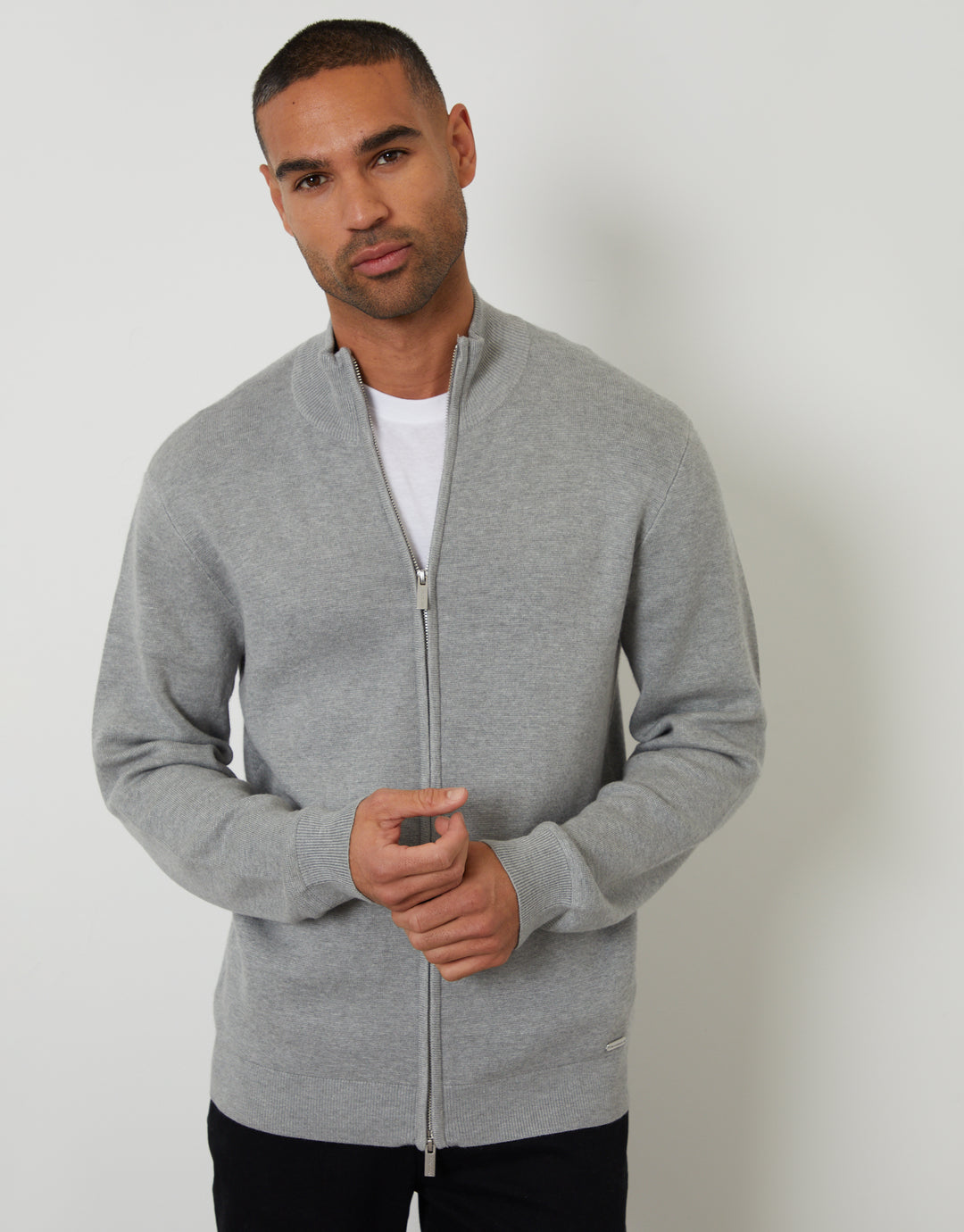 Light Grey Zip-Through Funnel Neck Knitted Cardigan