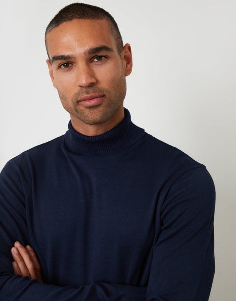 Threadbare Knitted Roll Neck Jumper in Navy - front view close up