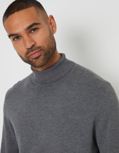 Threadbare Knitted Roll Neck Jumper in Charcoal Grey Marl - front view close up