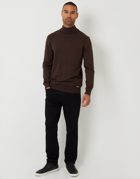 Threadbare Knitted Roll Neck Jumper in Brown - full body